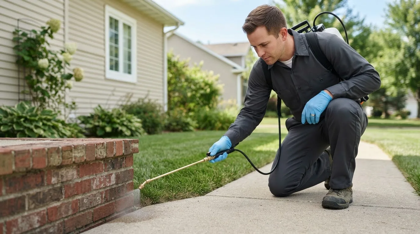 Pest control technician treating a home near Ellery, IL