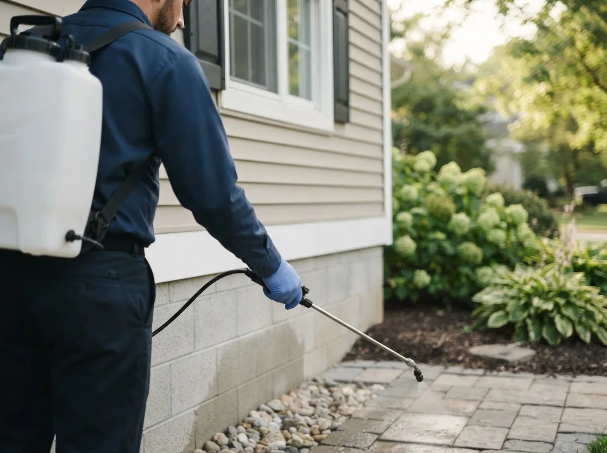 Pest control technician inspecting a home in Ellery, IL